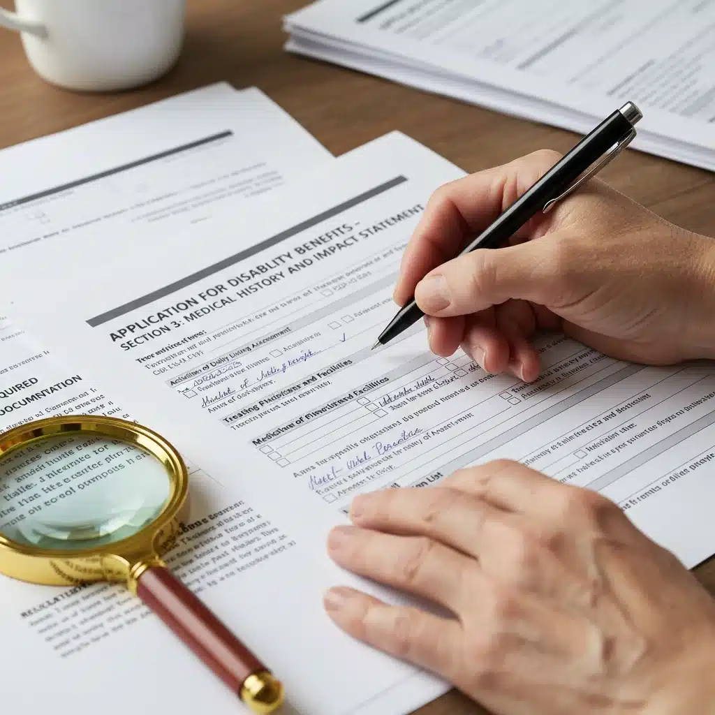Person meticulously filling out a disability benefits application form
