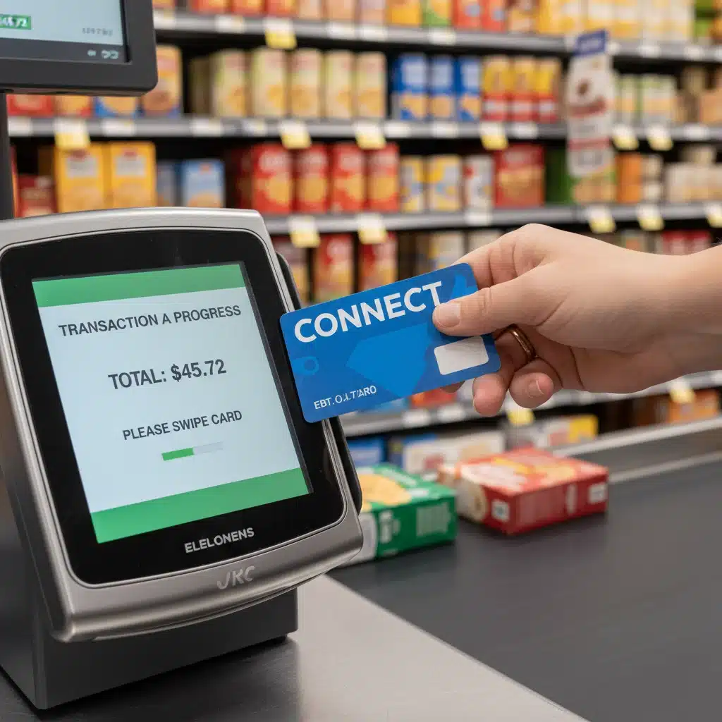Hand holding EBT card at grocery checkout