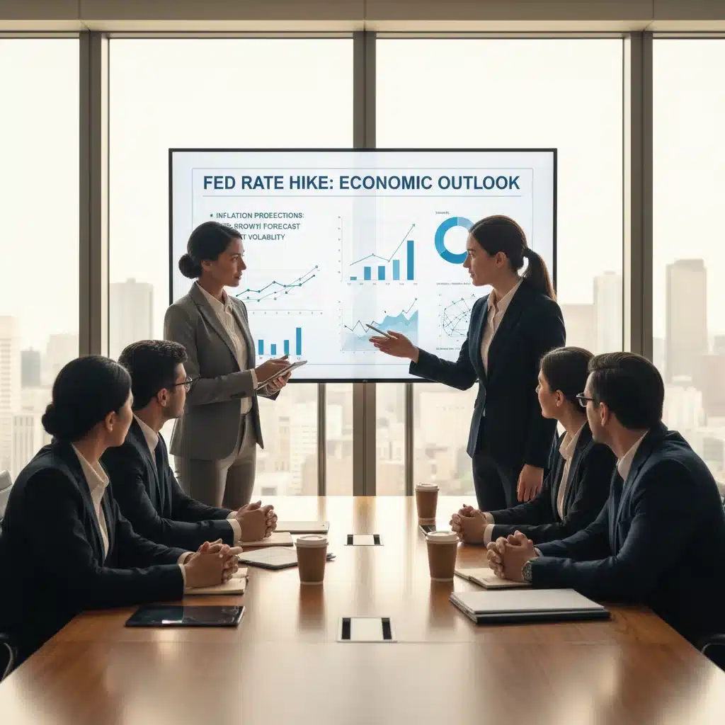 Business professionals discussing economic data after Fed decision