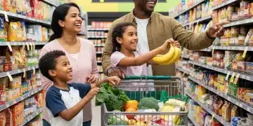 Family grocery shopping with full cart