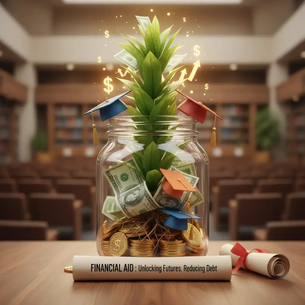Savings jar with money and graduation caps, representing financial aid benefits