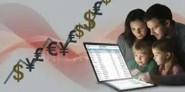 Family reviewing budget spreadsheet with rising inflation graph in background