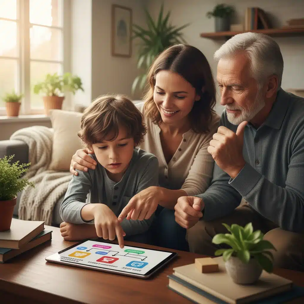 Family discussing digital safety and new technologies together