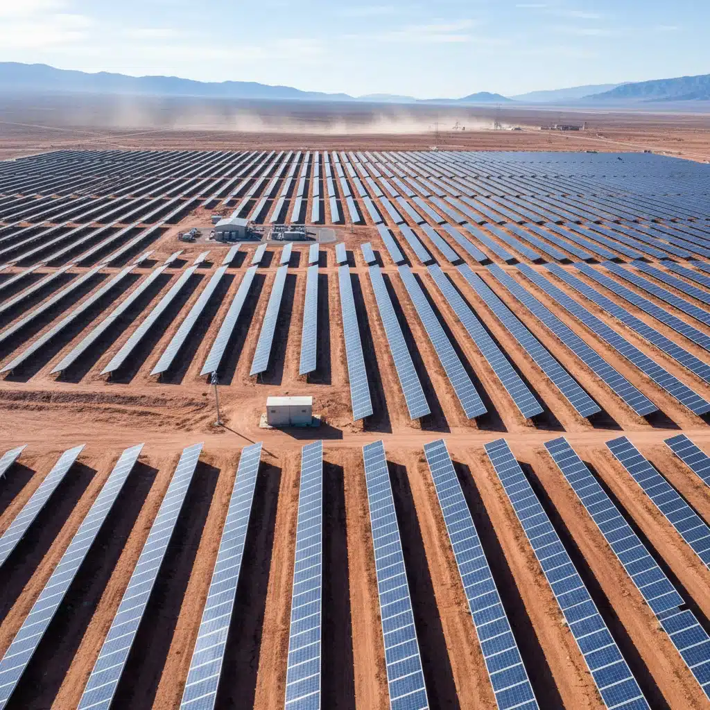 Expansive solar farm in a desert, illustrating significant investment in renewable energy infrastructure.