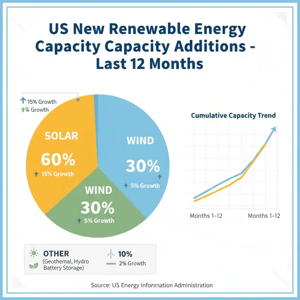 Infographic detailing US renewable energy capacity additions by source, highlighting solar and wind contributions.