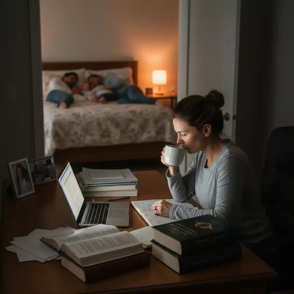 Adult learner studying at home, balancing family and academics.