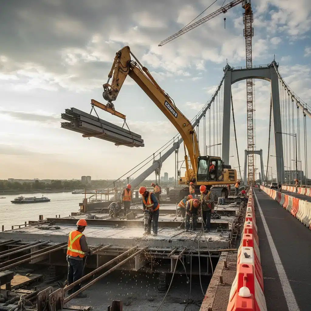 Construction crew working on bridge renovation project with heavy machinery