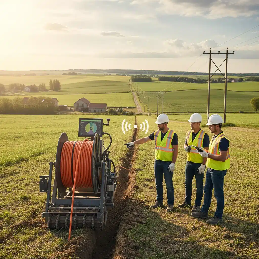Technicians laying fiber optic cable in a rural area for broadband expansion
