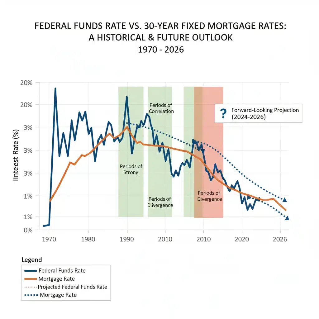 Historical federal funds rate and 30-year mortgage rate trends