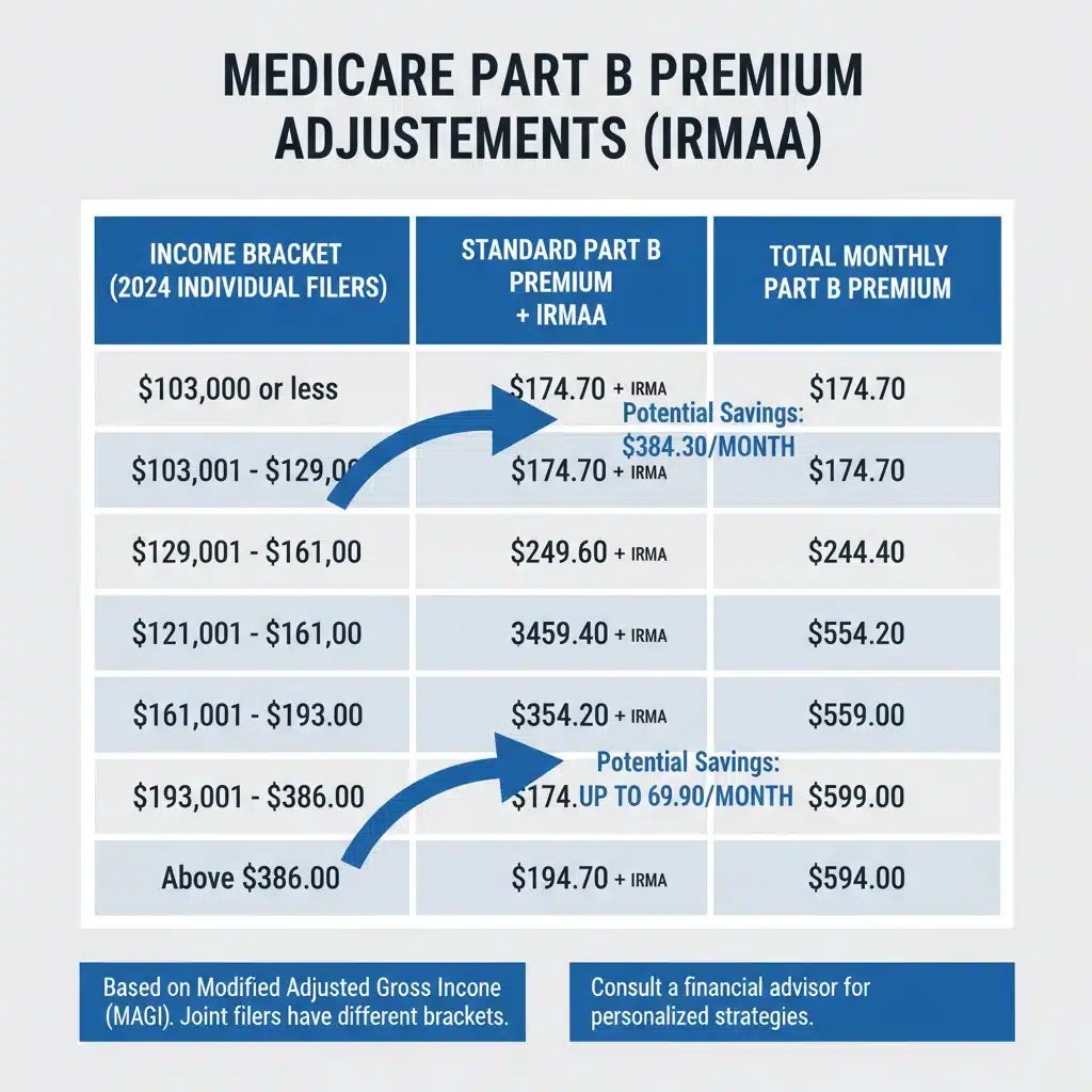 Infographic showing Medicare IRMAA income brackets and premium adjustments.
