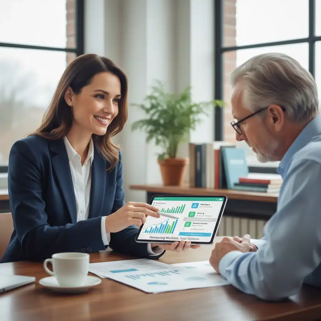 Financial advisor explaining Medicare options and potential savings to a client.