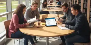 College students reviewing FAFSA information on a tablet in a library setting.