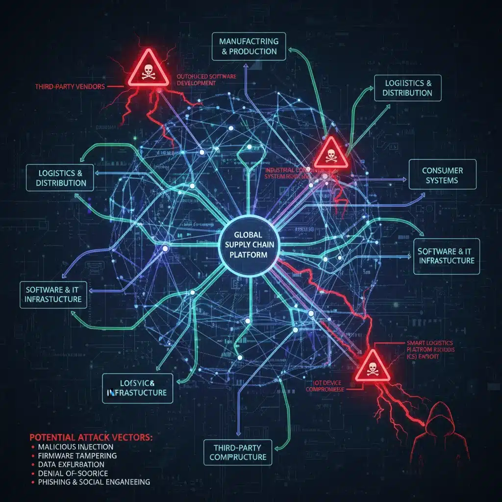 Interconnected supply chain with highlighted cyber vulnerabilities