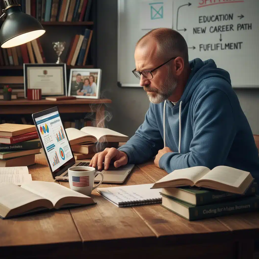 Veteran focusing on educational resources on a laptop