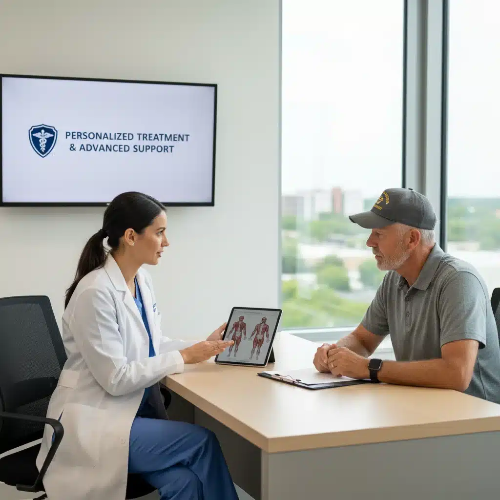 Healthcare professional discussing treatment with a veteran