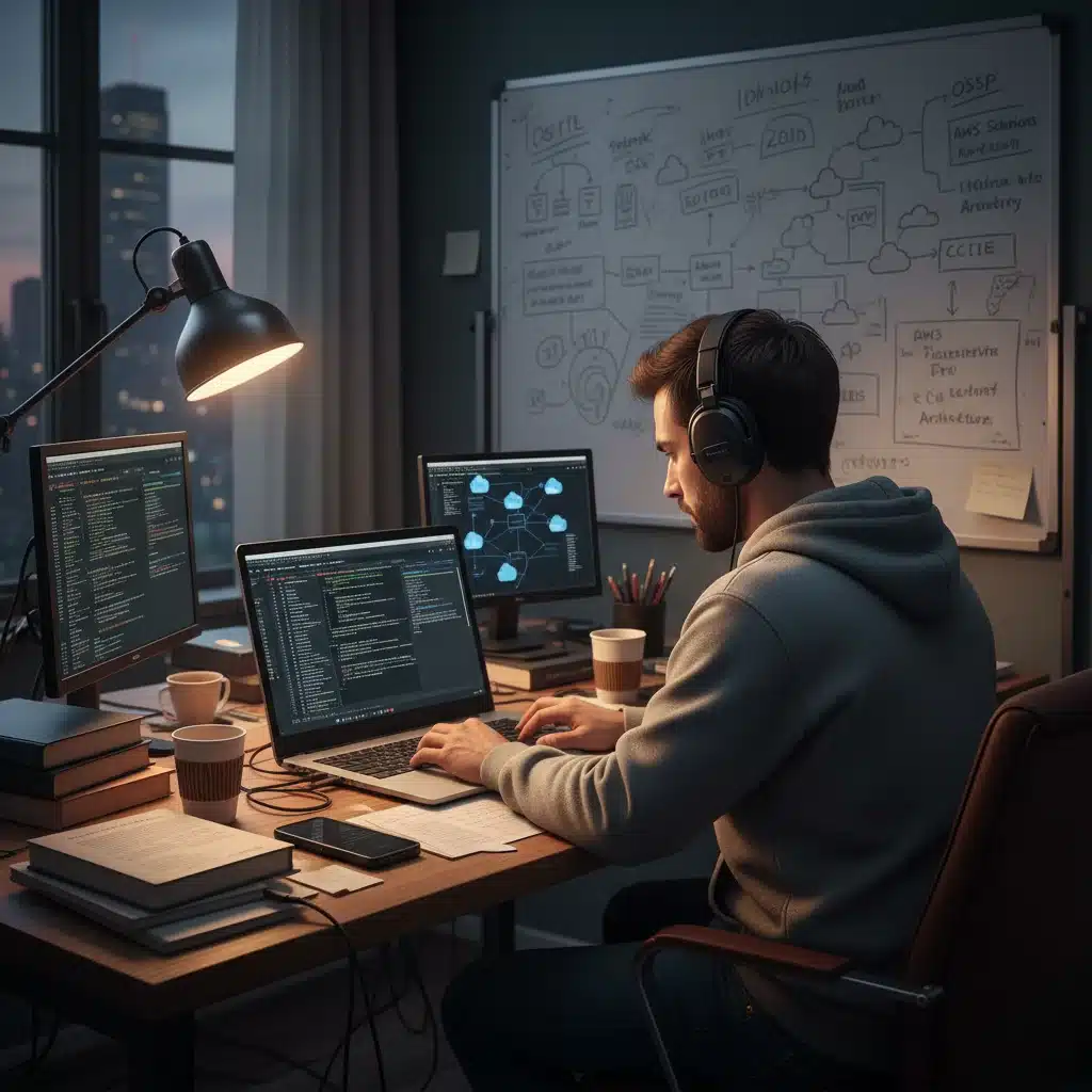 Individual studying for advanced cybersecurity or cloud computing certification.