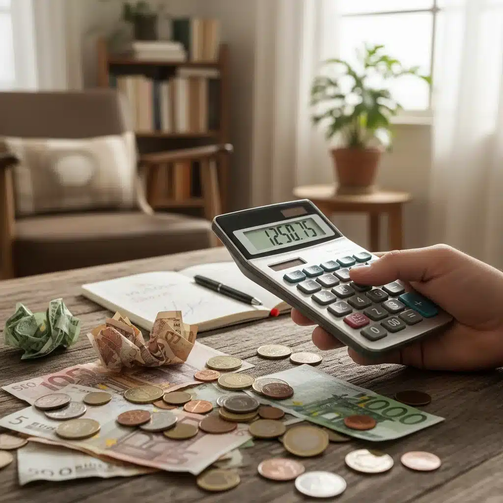 Hand using calculator to manage household budget and expenses