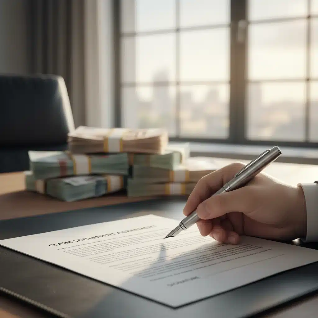 Hand signing a document to claim financial assets, symbolizing successful recovery of funds.