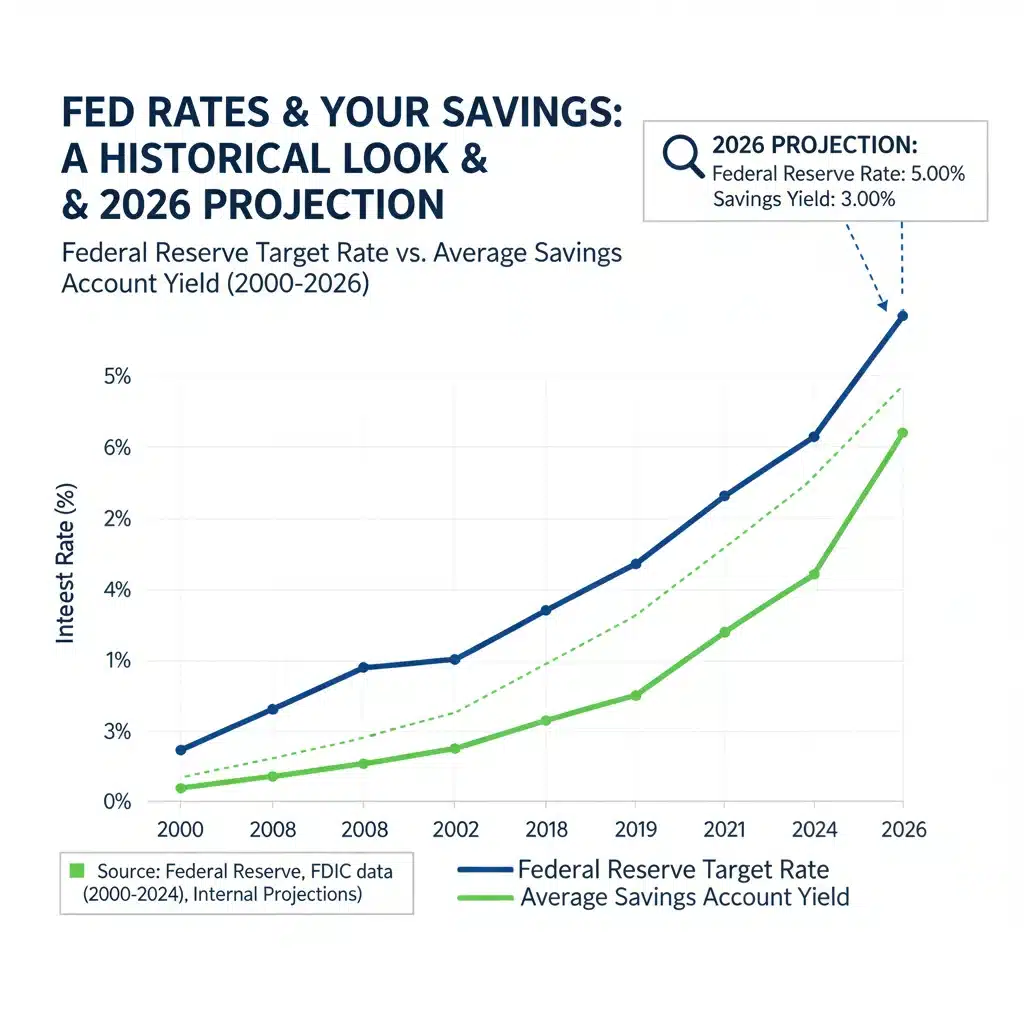 Infographic illustrating the correlation between Fed rates and savings account yields.