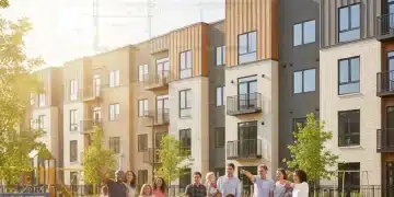 Families and individuals in front of new affordable housing, representing the federal housing initiative.