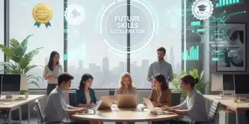 Professionals collaborating with digital overlays of certification badges and growth charts.