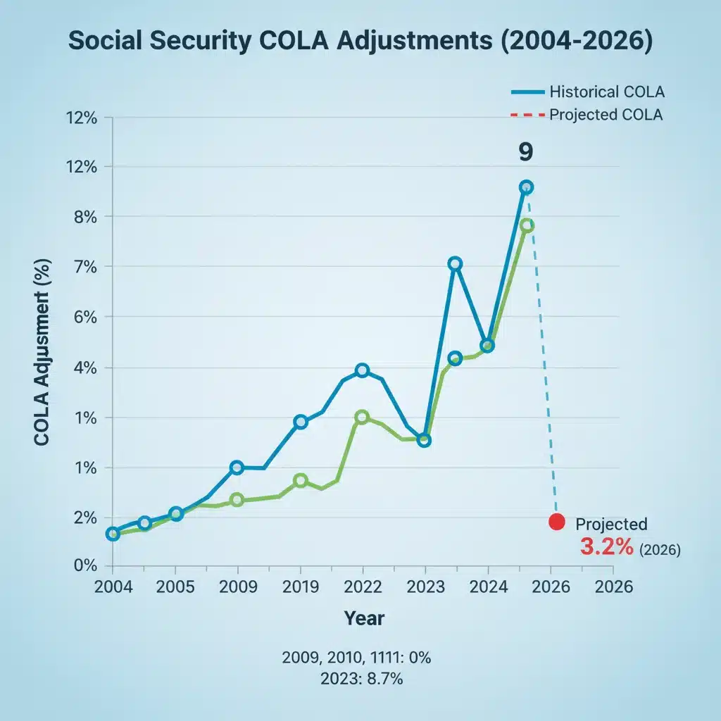 Historical Social Security COLA adjustments chart with 2026 projection