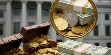 Illustration of a magnifying glass over a pile of money, representing the search for unclaimed government funds.