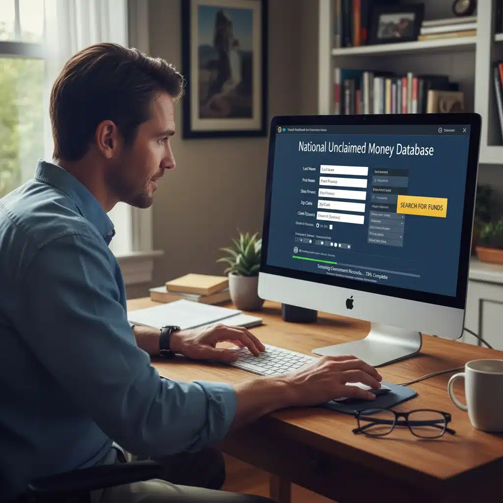 Person searching online for unclaimed government funds using a computer.