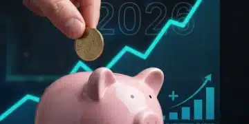 Hand putting coins in piggy bank, symbolizing savings growth and future interest rates.