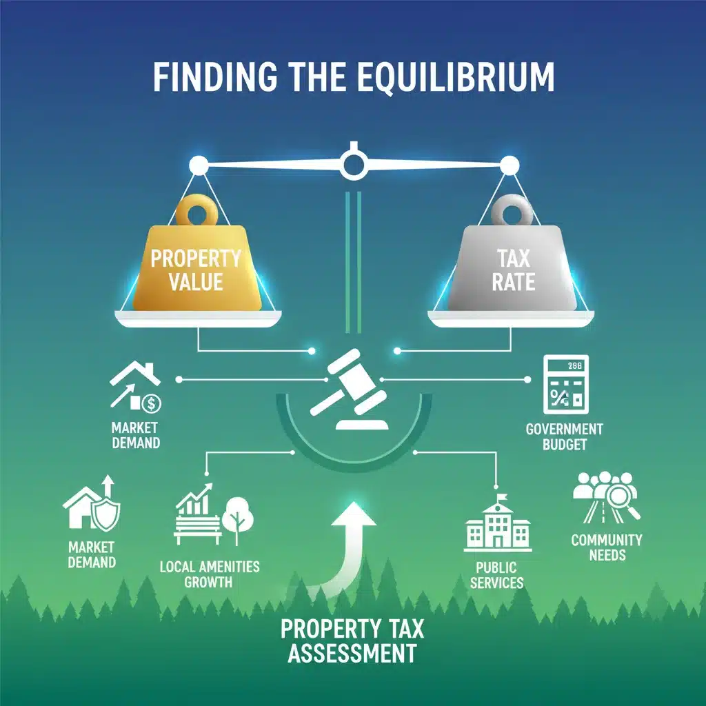 Infographic illustrating the balance between property value, tax rate, and influencing factors.