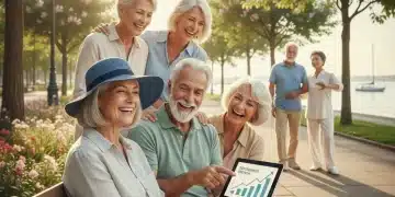 Happy retirees discussing finances with a tablet showing positive trends
