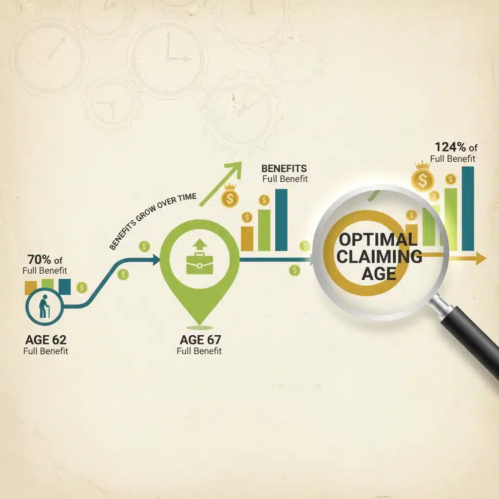 Visual timeline illustrating different Social Security claiming ages and their impact on benefits