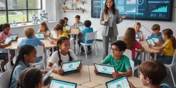 Students using AI learning tools in a modern K-12 classroom