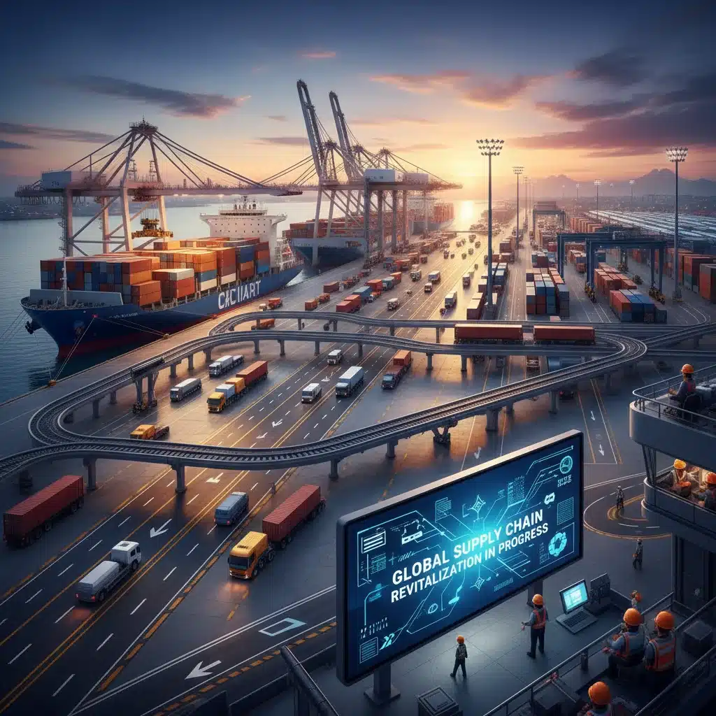 Busy port with container ships, cranes, and trucks, showing supply chain improvements.