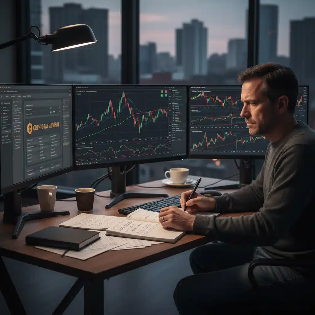 Crypto investor analyzing tax implications of digital assets, financial planning