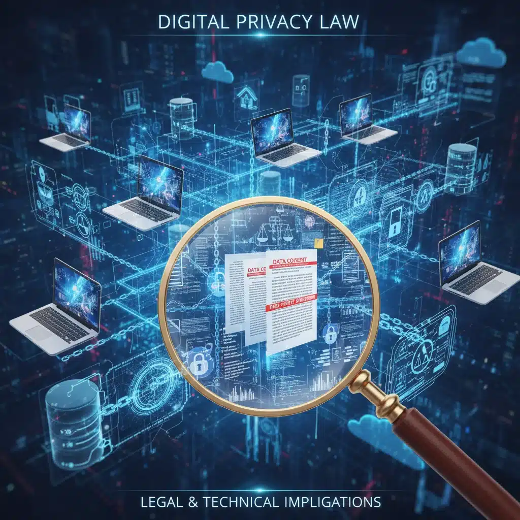 Intricate digital network with legal documents and magnifying glass