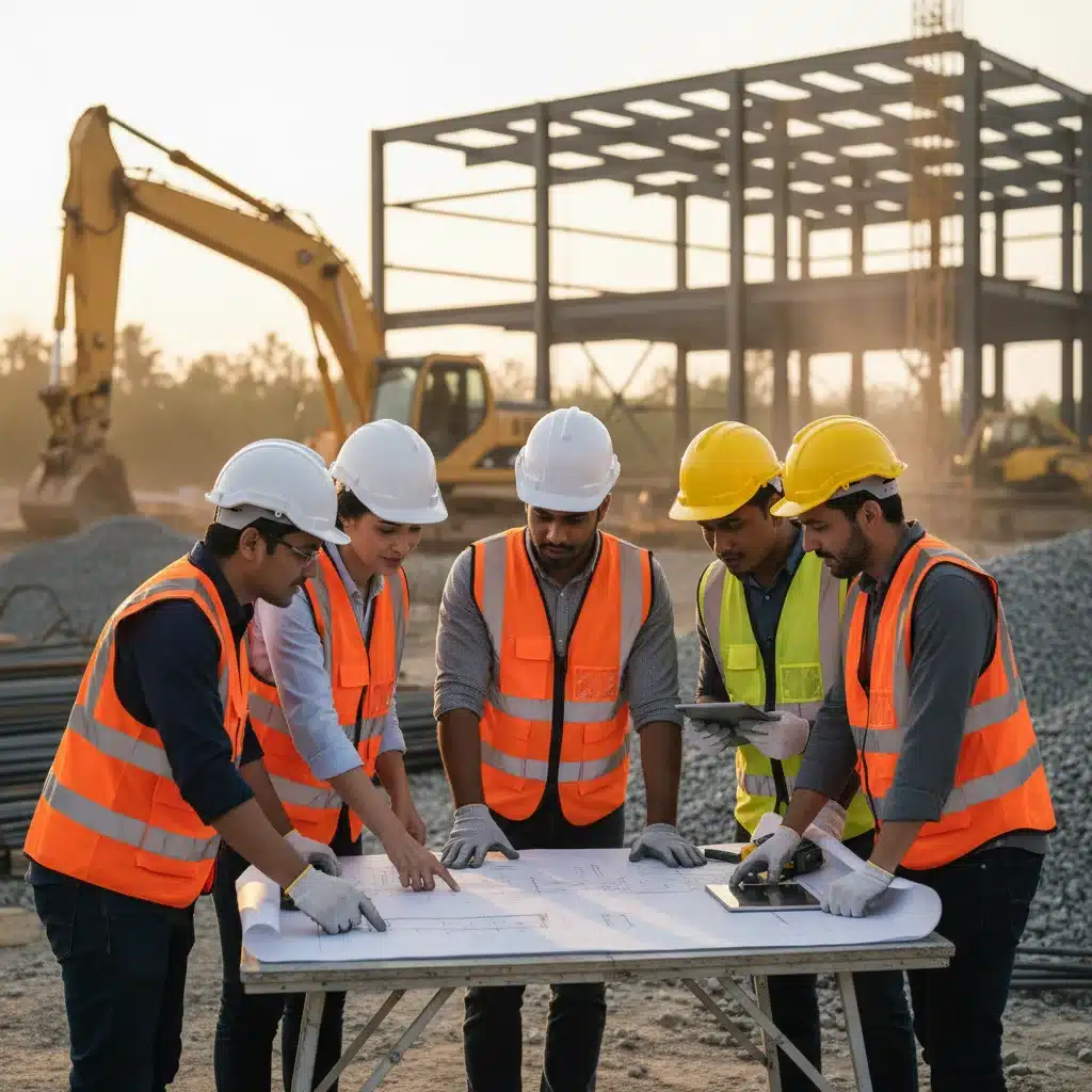 Construction workers and engineers reviewing blueprints on a site.