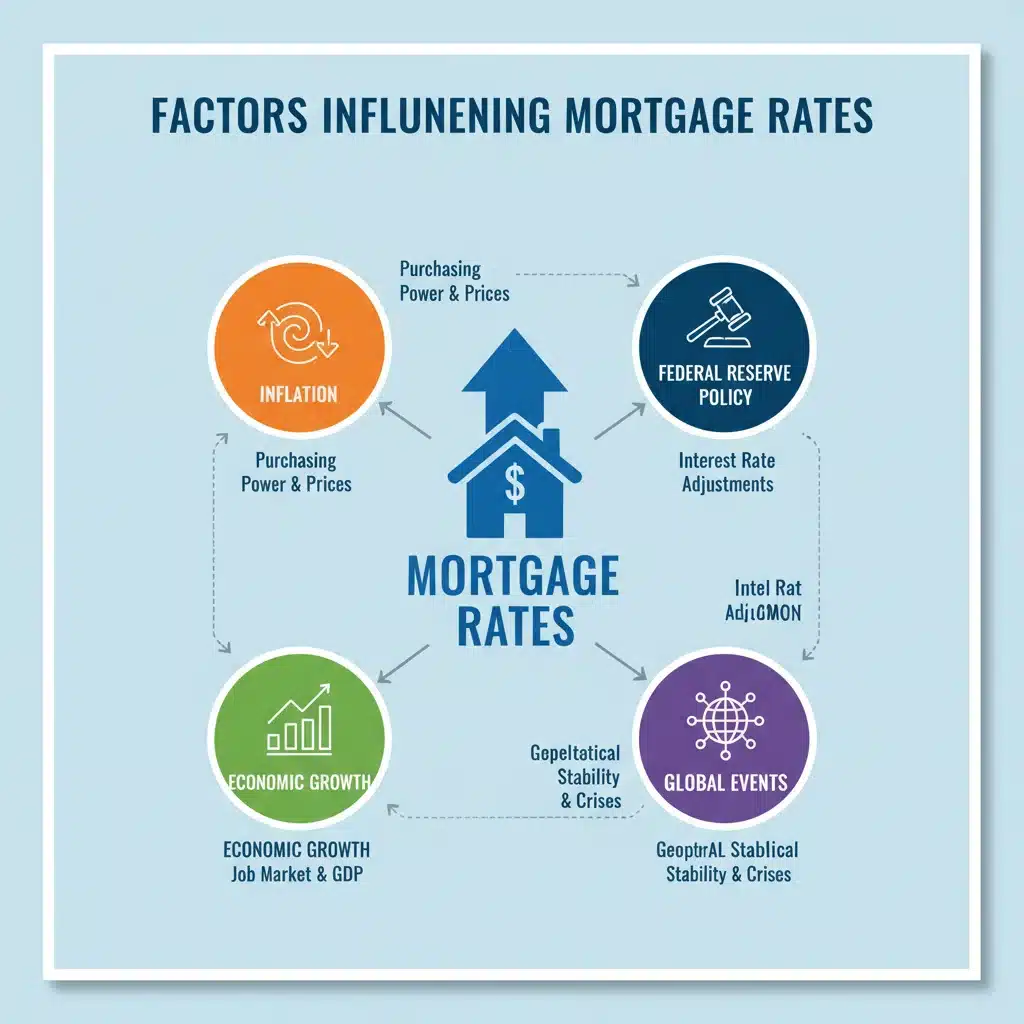 Infographic depicting factors influencing mortgage rates and economic indicators