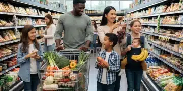 Family happily grocery shopping with SNAP benefits