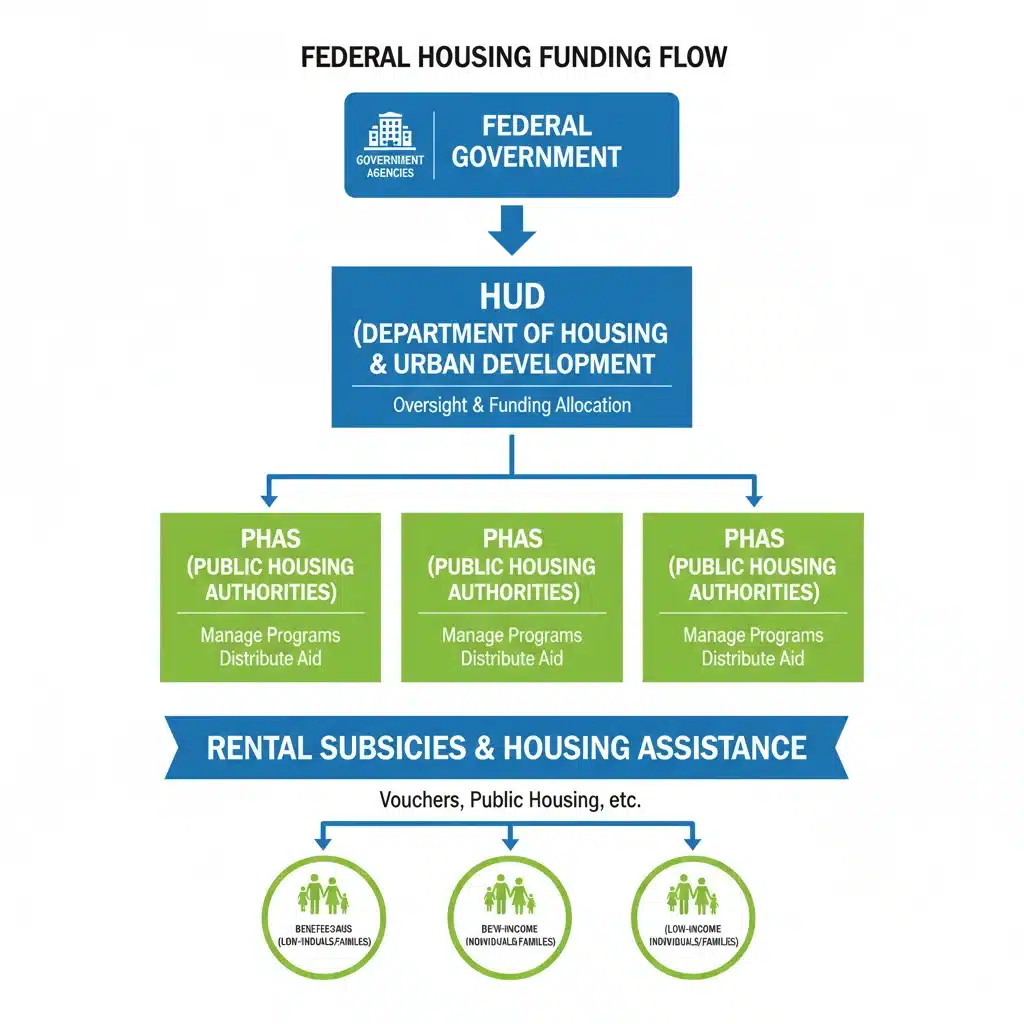 Infographic illustrating the flow of federal housing assistance funding to local authorities and beneficiaries.