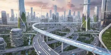 Futuristic city infrastructure with highways, bridges, and renewable energy, symbolizing progress.
