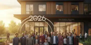 Families standing in front of an modern affordable housing complex, symbolizing housing assistance programs for 2026.