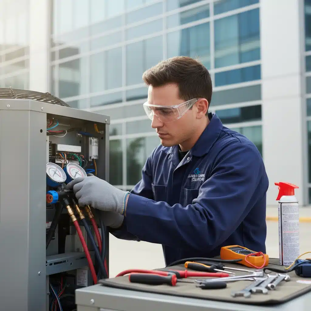 HVAC technician inspecting an air conditioning unit, demonstrating precision and expertise.