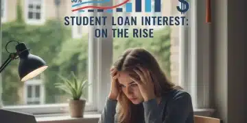 Graph showing rising interest rates with a concerned student looking at loan documents.