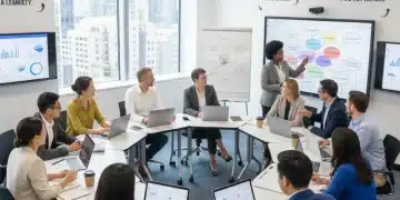 Adults learning in a modern classroom, symbolizing career change and skill development.