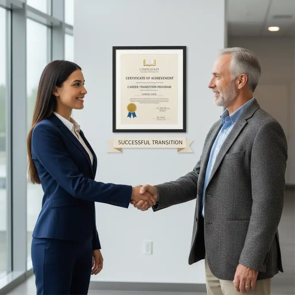 Professional shaking hands with mentor after completing adult education.