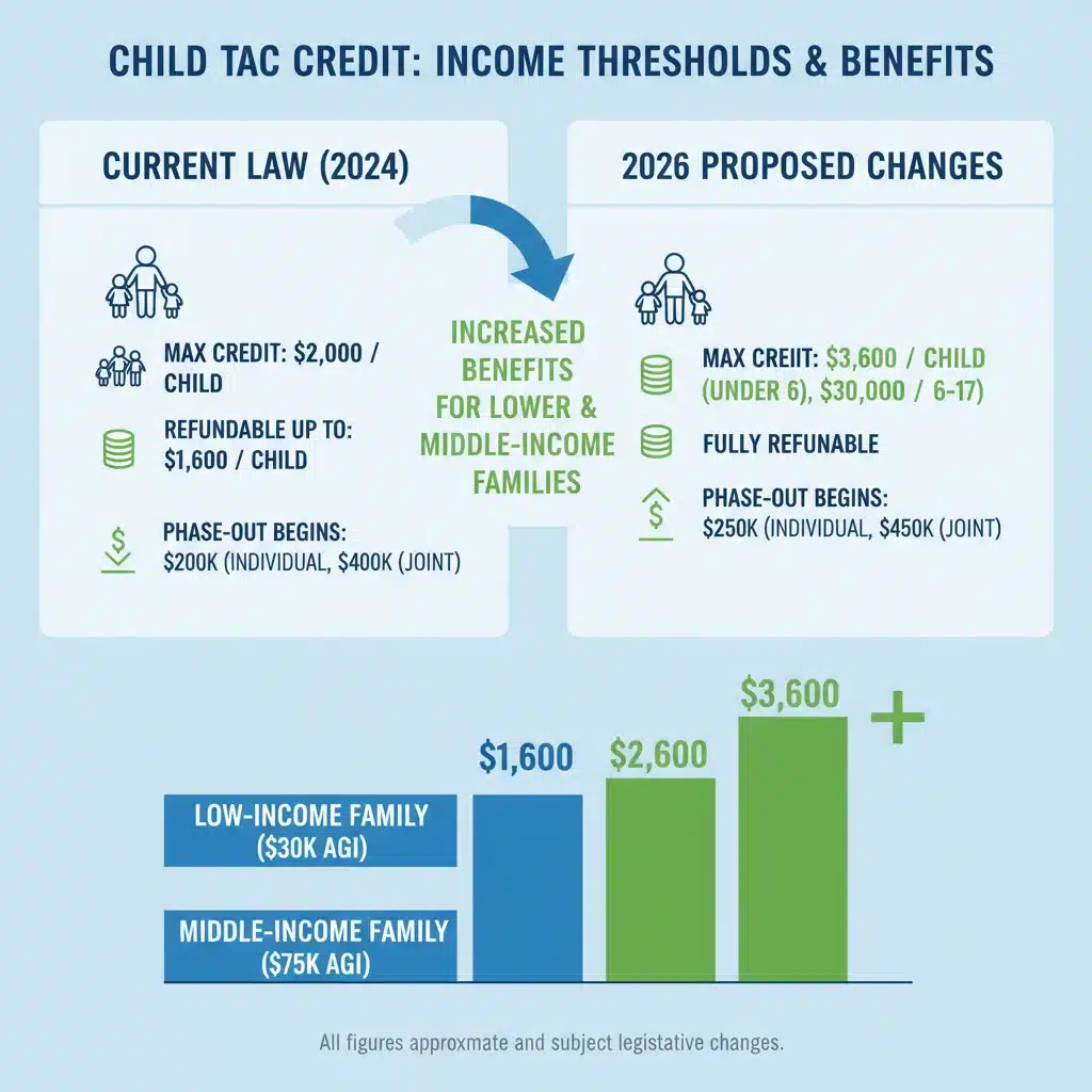 Infographic showing Child Tax Credit income thresholds and proposed benefit increases for 2026