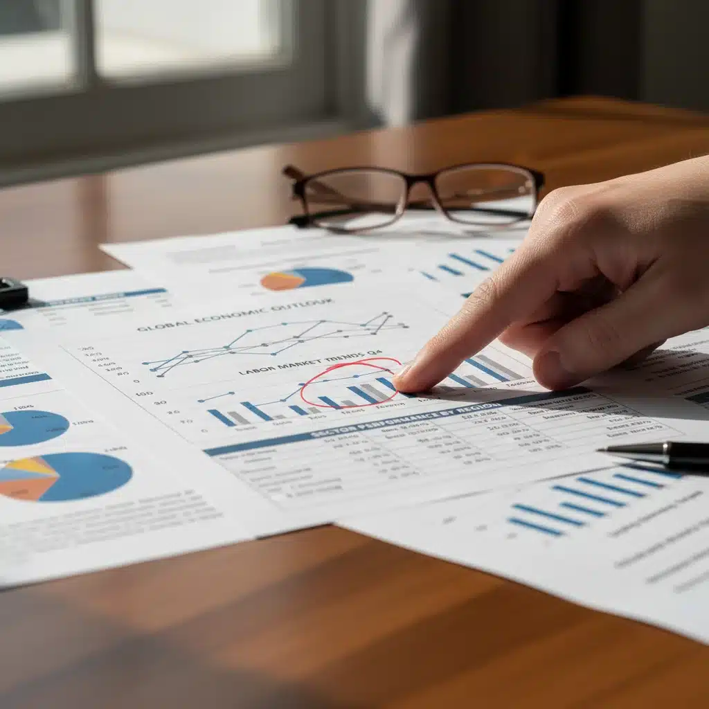 Hand pointing to economic report data on labor market trends.