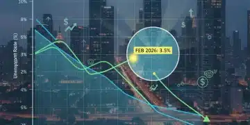 Graph illustrating a national unemployment decrease in February 2026, with city skyline.