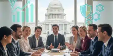 Group of federal employees discussing benefits with Capitol background
